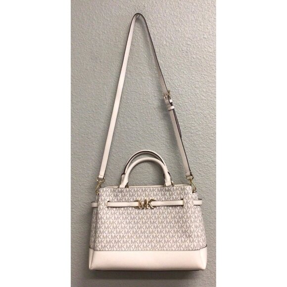 Michael Kors Reed Large Signature Belted Logo Satchel Crossbody Bag Cream - Picture 1 of 12